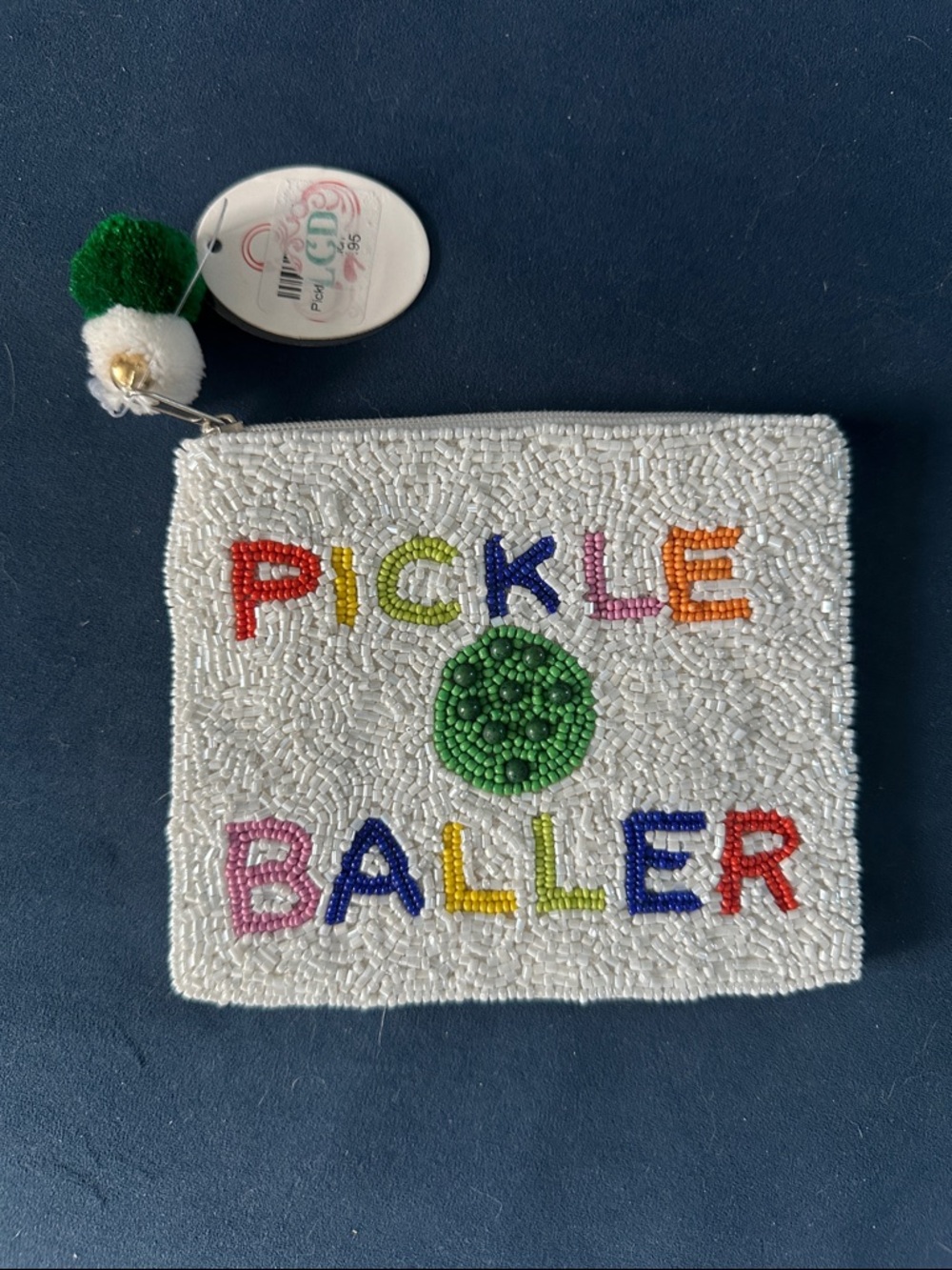 Beaded 'Pickle Baller' Coin Purse/mini Bag - White with Multicolor Lettering